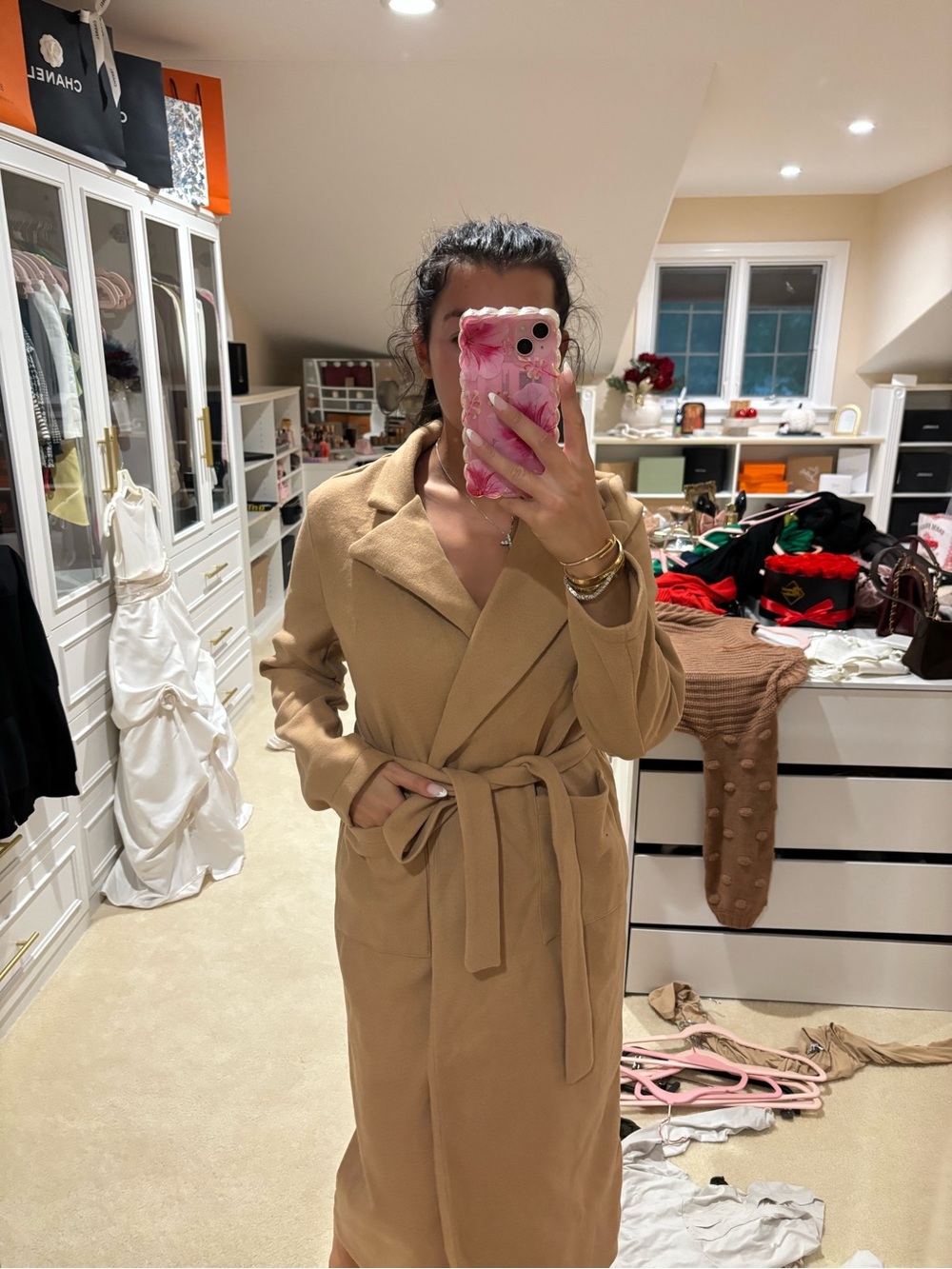 SHEIN Tan Wrap Belted Long Trench Coat
